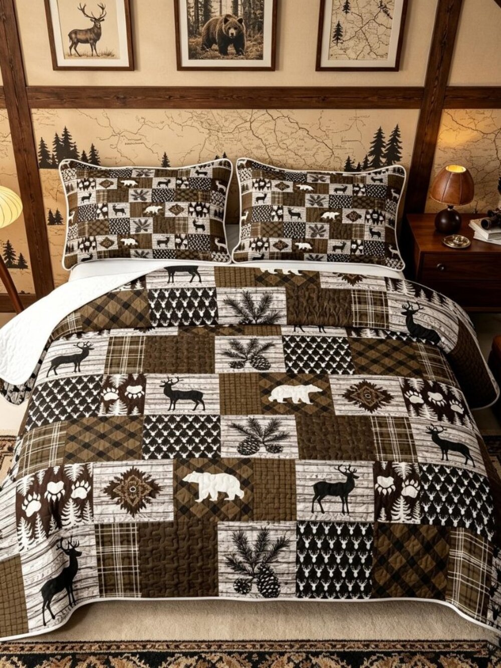 Cabin Quilt Set Farmhouse Rustic3 Pieces Bedspread King Size